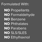 Gray infographic panel listing formulation claims beginning with 'Formulated With:' and multiple 'NO' ingredients