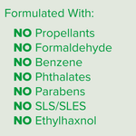 Ingredient claims graphic listing multiple “NO” items (propellants, formaldehyde, benzene, phthalates, parabens, SLS/SLES, ethylhaxnol).