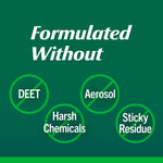 Green panel graphic reading ‘Formulated Without’ with icons and crossed circles for DEET, aerosol, harsh chemicals, and sticky residue.