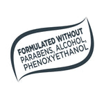 Graphic badge reading 'FORMULATED WITHOUT PARABENS, ALCOHOL, PHENOXYETHANOL' inside a stylized leaf outline.
