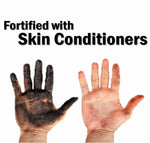 Graphic showing a very dirty hand beside a clean hand with headline 'Fortified with Skin Conditioners'
