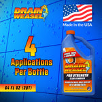 Graphic stating '4 Applications Per Bottle' with a Drain Weasel bottle image and a small American flag 'Made in the USA'.