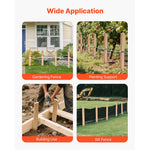 Four photographic examples of wooden stakes used in gardening, planting support, building use, and silt fencing applications.