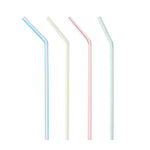 Four individual bent flexible plastic straws in blue, yellow, red and green stripes on white background