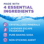 Blue water background with text listing four essential ingredients including lavender escape fragrance and pure baking soda