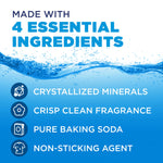 Blue water splash background with headline ‘MADE WITH 4 ESSENTIAL INGREDIENTS’ and listed features like baking soda and minerals