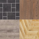 Quadrant collage of four different hard floor textures including tile and three wood patterns