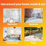 Four small lifestyle photos labeled Bathroom, Bedroom, Living Room, Patio under the heading “Use around your home, inside & out.”