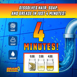 Bold graphic reading '4 Minutes!' with icons for hair, soap, grease and a three-jar time progression demonstration.