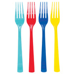 Four colorful plastic forks in teal, red, blue and yellow shown upright on a white background