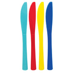 Four serrated disposable plastic knives in teal, red, yellow and blue on a white background