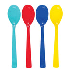 Four glossy disposable plastic spoons in light teal, red, blue and yellow against white