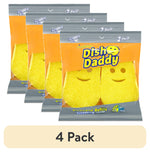 Four retail packages shown in perspective, each containing two yellow smiling Dish Daddy sponge refills in orange-gray packaging.