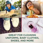 Four‑panel collage showing dirty sports field, messy baby, muddy shoes and wine stain with caption recommending cleaning uses.