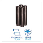 Four vertical rolls of black trash bags above blue infographic icons indicating per-roll and per-case packaging.