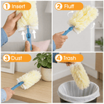 Four-step instructional collage showing inserting, fluffing, dusting and disposing the duster
