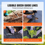 Four-step instructional grid displaying preparing soil, cutting holes, securing fabric and planting through black fabric with green guide lines