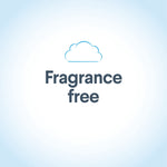 Minimal graphic with a cloud icon and bold text stating "Fragrance free" on a light blue background.