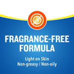 Blue graphic stating fragrance-free formula with supporting text noting light, non-greasy, non-oily feel.