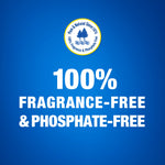 Blue panel declaring 100% fragrance-free & phosphate-free with a small Arm & Hammer emblem at top