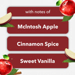 Graphic listing fragrance notes on red panels: McIntosh Apple, Cinnamon Spice, and Sweet Vanilla with apple artwork