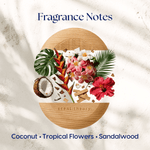 Artistic fragrance notes graphic showing coconut, tropical flowers and sandalwood around a round wood-grain Scent Theory diffuser element