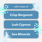 Graphic panels listing fragrance notes: Crisp Bergamot, Lush Cypress, Sea Minerals with decorative blue accents