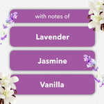 Graphic panel listing fragrance notes: Lavender, Jasmine, Vanilla with floral accents