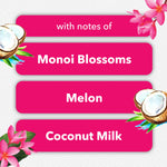 Graphic panel listing fragrance notes with pink panels reading Monoi Blossoms, Melon, Coconut Milk and tropical illustrations