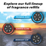 Promotional lineup graphic showing three fragrance refill variants including Midnight Air with corresponding scenic banners.