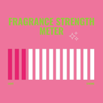 Fragrance strength meter graphic on pink background showing a light-to-strong bar with a few bars highlighted in pink
