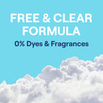 Sky-blue infographic with clouds and bold text “FREE & CLEAR FORMULA 0% Dyes & Fragrances”