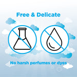Graphic panel stating ‘Free & Delicate’ with icons circled and crossed indicating no harsh perfumes or dyes