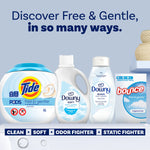 Row of free & gentle laundry products including Tide PODS, Downy bottle and rinse, and Bounce box with benefits banner below