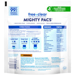 Back of free & clear MIGHTY PACS laundry detergent pouch showing directions, ingredients and warning panel.