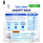 Back of Free & Clear Mighty Pacs laundry detergent pouch showing directions, dosing icons, ingredients and warning panel.