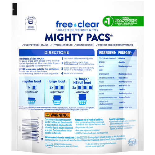 Back of Free & Clear Mighty Pacs laundry detergent pouch showing directions, dosing icons, ingredients and warning panel.