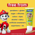 Yellow promotional panel listing ingredients the product is free from alongside a PAW Patrol character and toothpaste tube