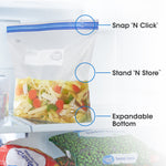 Feature image of a sealed Great Value freezer bag in a fridge with callouts for 'Snap 'N Click', 'Stand 'N Store', and expandable bottom.