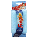 Packaged light-blue no-scratch scrubbing sponge with prominent Fregón logo, product band and smiling model on header card.
