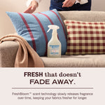 Couch scene with a bottle of Mrs. Meyer’s Fabric Freshener placed between pillows and headline about fragrance longevity.