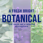 Graphic reading "A FRESH BRIGHT BOTANICAL" over layered photos of eucalyptus, lavender and other plant imagery