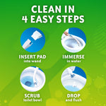 Informational graphic showing four steps to use the Fresh Brush: insert pad, immerse, scrub, drop and flush