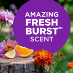Close-up promotional graphic with flowers and fruit and a purple circle proclaiming 'Amazing Fresh Burst scent'.