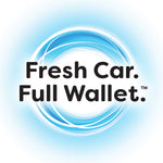 Graphic circular blue swirl behind the slogan Fresh Car. Full Wallet. displayed in bold black type on a white background
