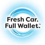 Graphic circular blue swirl background with bold slogan 'Fresh Car. Full Wallet.'