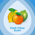Illustration of a lemon, orange and lime with the caption 'Fresh Citrus Scent' on a blue background.