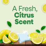 Promotional graphic with sliced lemons, a dishwasher pac image and large text 'A Fresh, Citrus Scent'