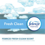 Blue banner graphic reading Fresh Clean with Febreze freshness logo and stylized clouds