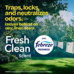 Outdoor laundry-line scene with text promoting ‘Fresh Clean’ scent and a Febreze freshness badge over a grassy yard backdrop.